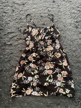 Women’s Floral Smocked Sundress - Black with Peach & Cream Flowers